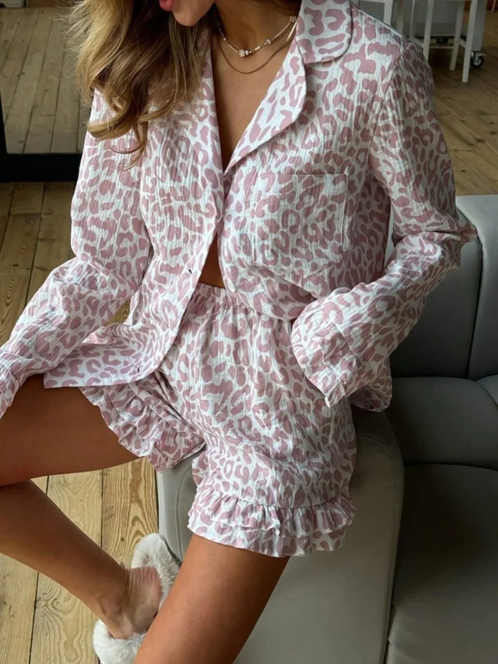Pink Women's Button Down Leopard Print Pajama Set With Ruffled Hem Shorts